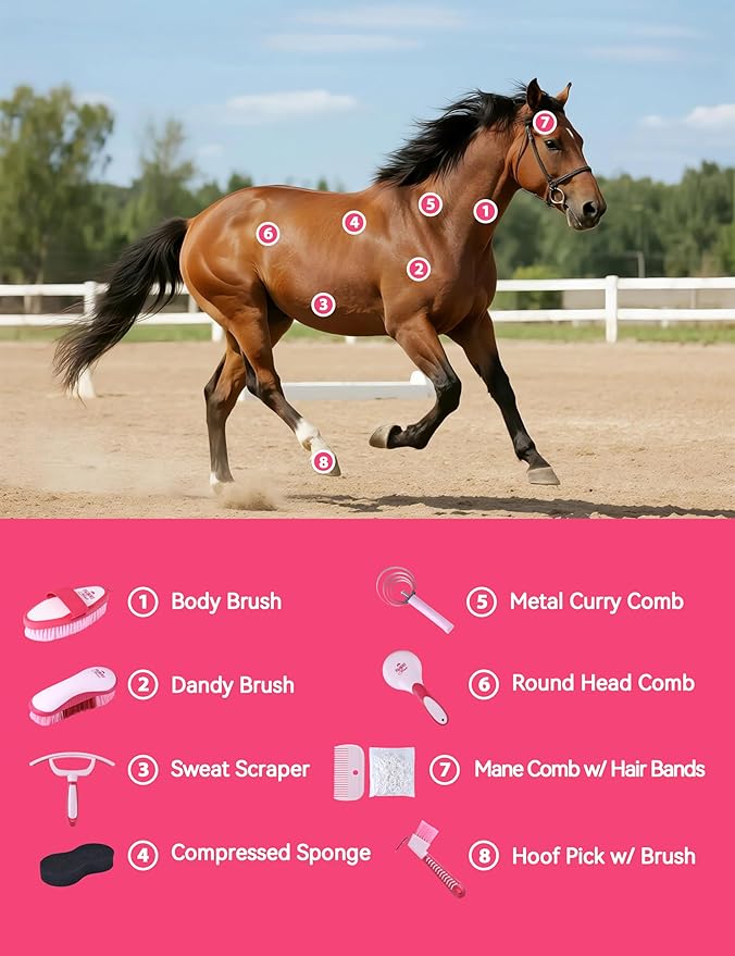 9PCS Horse Grooming Kit Curry Comb Sweat Scraper Horse Bathing Supplies Grooming Tools with Storage Bag Pink Garnet-PurrikoPets