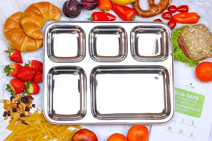 Extra Large Premium Stainless Steel Dinner Plates, 5 Compartments, Set of 2 | Eco Friendly Dinnerwear for Camping, Portion Control, Meal Prep, Lunch, and Party-PurrikoPets