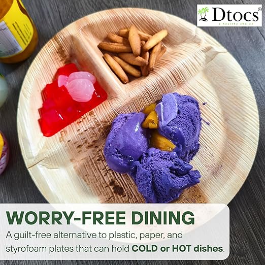 Dtocs 3 Compartment Plates (50 Pc) Palm Leaf 10 Inch Round Portion Control Buffet Sectional Plate | Bamboo Plates Disposable Like Compostable Camping Dinnerware Stronger than Divided Paper, Styrofoam-PurrikoPets