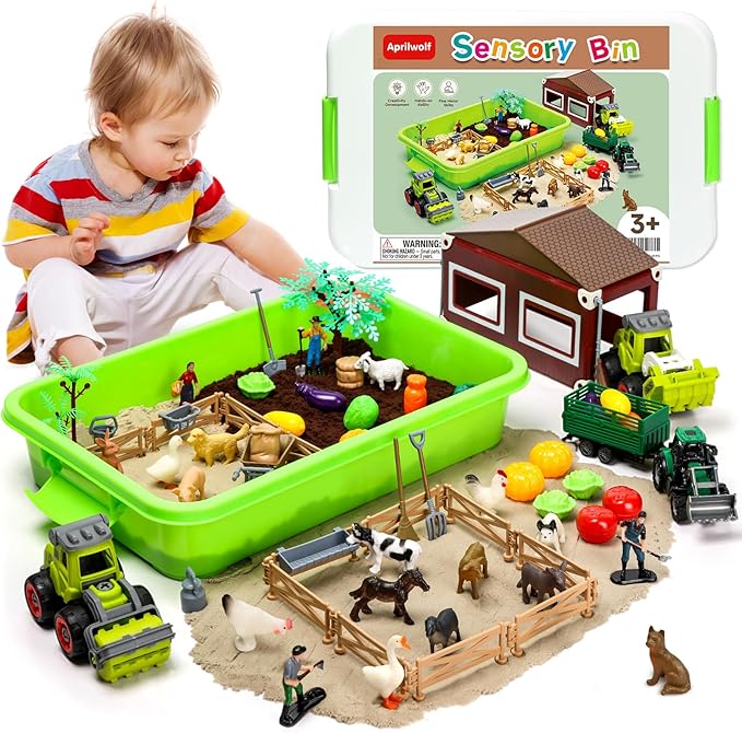 69 PCS Farm Sensory Bin Toys Playset, Sandboxes with Sand, Farmer Tractor & Farm Animals Figures Toys for Kids 3 4 5, Gifts for 6 7 Years Old Boys Girls Toddlers-PurrikoPets