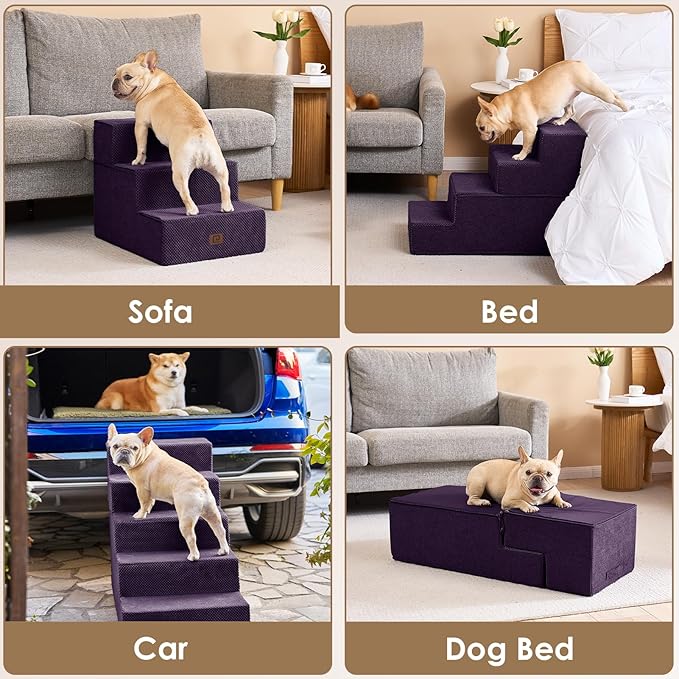 EHEYCIGA Dog Stairs for Bed 20" H, 4-Step Extra Wide Dog Steps for High Bed, Pet Steps for Small Dogs and Cats, Non-Slip Balanced Pet Ramp Indoor, Purple-PurrikoPets