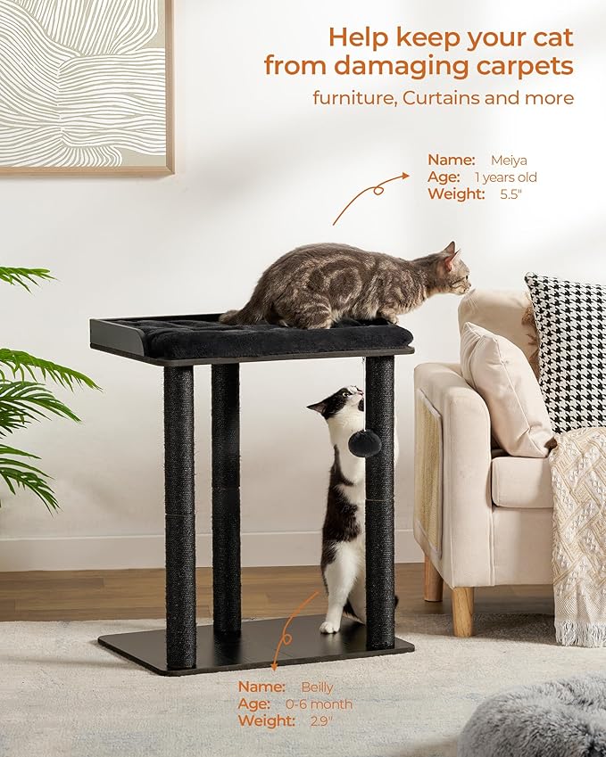 FourFurPets 26.7in Cat Tree Tower Condo, Cat Scratch Posts for Indoor Cats, Big Plate, Three 23.6in Full Sisal Scratching Posts, Black-PurrikoPets
