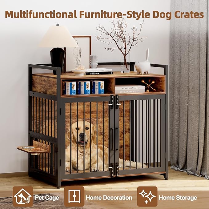 Furniture Style Dog Crate with Storage, 48 Inch Dog Crate Furniture with Double Doors, 2 Stainless Steel Bowls, Dog Crate Furniture-Style Crate for Large/Medium Dog-PurrikoPets