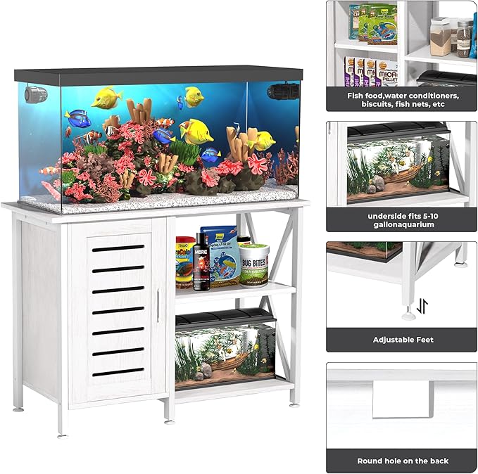 40-50 Gallon Fish Tank Stand, Aquarium Stand with Cabinet Accessories Storage, Heavy Duty Metal Frame, 40.55" L*18.89" W Tabletop, 850LBS Capacity, White PG02YGW-PurrikoPets