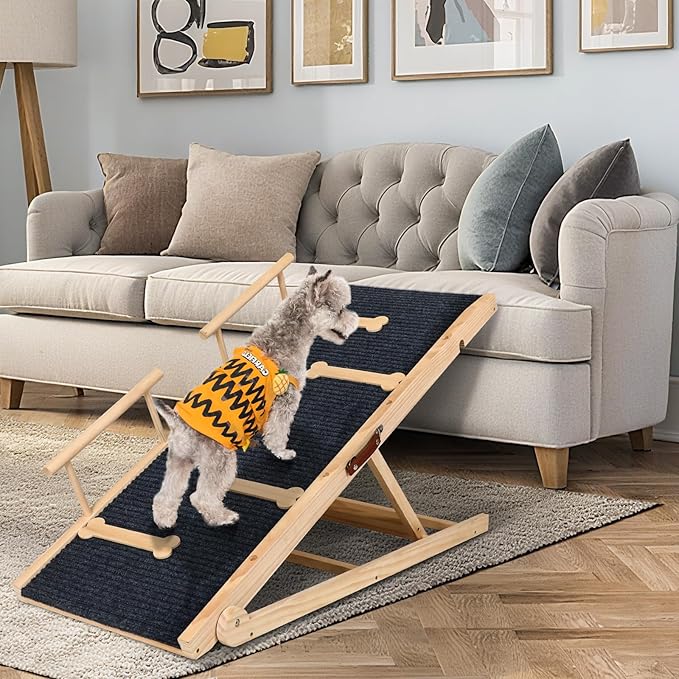 Dog Ramp for Bed, Non-Slip Pet Ramp with 5 Adjustable Heights, Portable Foldable Wooden 40" Long Pet Stairs for Small & Large Old Dogs & Cats - Lightweight & Easy Storage-PurrikoPets