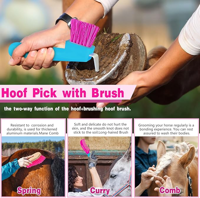 Abbylike 12 Pieces Horse Grooming Kit Racing Festival Tack Room Supplies Horse Brush Sets Equine Care Cleaning Kit Shedding Grooming Massaging Tools(Rose Red)-PurrikoPets