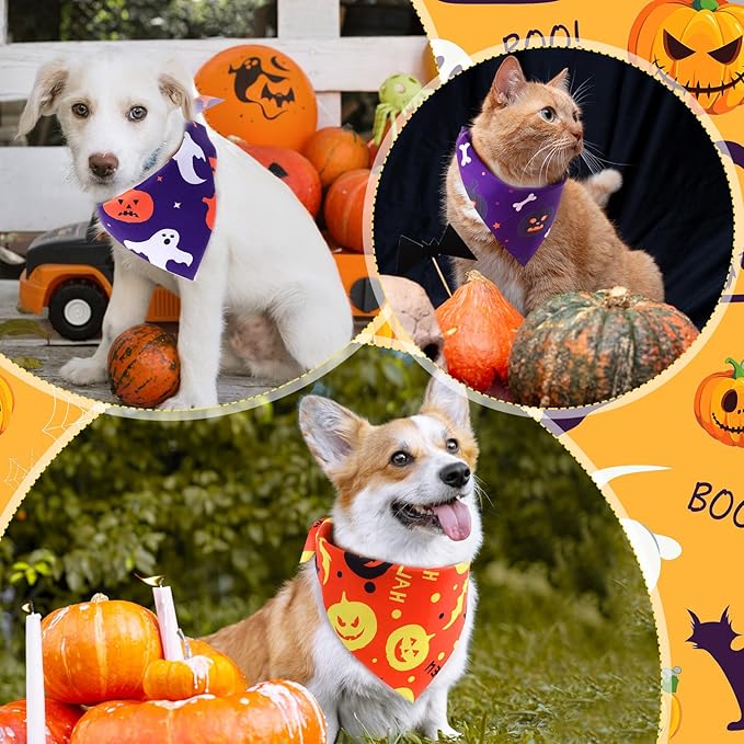 Abbylike 50 Pcs Halloween Dog Bandanas Bulk Pumpkin Bandanas for Dogs Triangle Kerchief Bibs Scarf Set for Pet Halloween Costume Photo Props Accessories Pet Shops, 25 Styles (25.6 x 17.7 x 17.7")-PurrikoPets