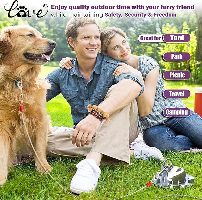 360° Swivel Dog Tie Out Cable and Stake - 2025 Upgrad Stainless Steel Dog Stake Dog Anchor for Small to Large Dogs - No Tangle Reflective Run Cable for Yard (Silver 10 ft Cable)-PurrikoPets