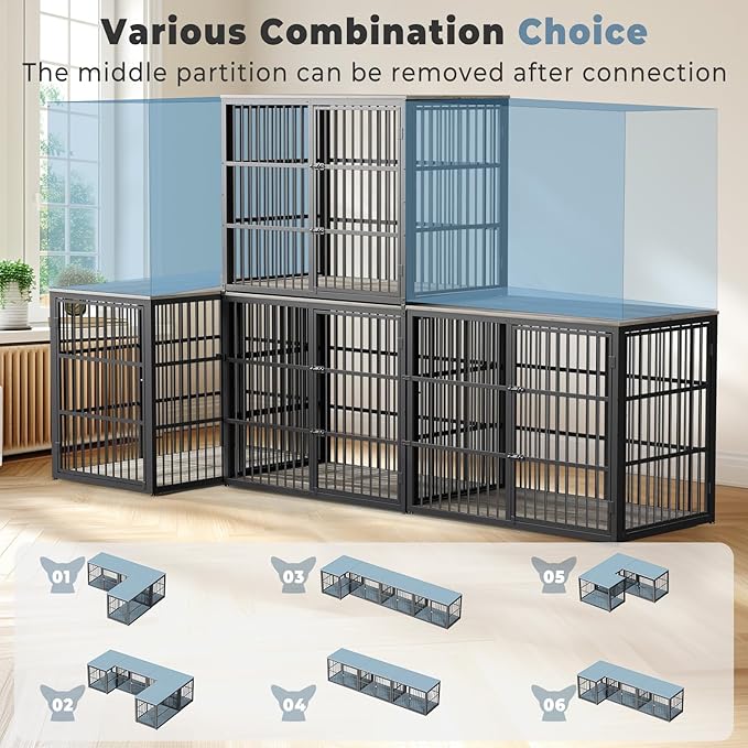 48'' XXL Dog Crate Furniture with 3 Doors, Wooden Crate End Table Heavy Duty Indoor Combination Cage for Medium to Large Dogs, Multiple Units Can be Combined, Grey-PurrikoPets