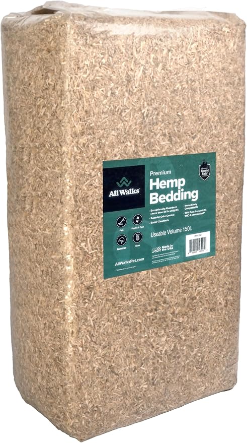 All Walks 150 Liter(30 lbs) Hemp Bedding for Chicken Coops, Hampters, Ducks, and Turkeys - 100% Natural, Superior Odor Control, Biodegradable Pet Bedding, Dust-Free - Made in USA-PurrikoPets