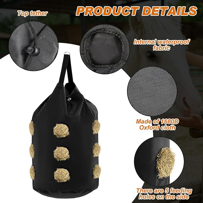 2 Pcs hay Bags for Horses Goats Slow Feed 1680D Oxford Bag Black Large Capacity Net Open Feed Hole Hay Holder for Horse Goats Sheep(15 Holes)-PurrikoPets