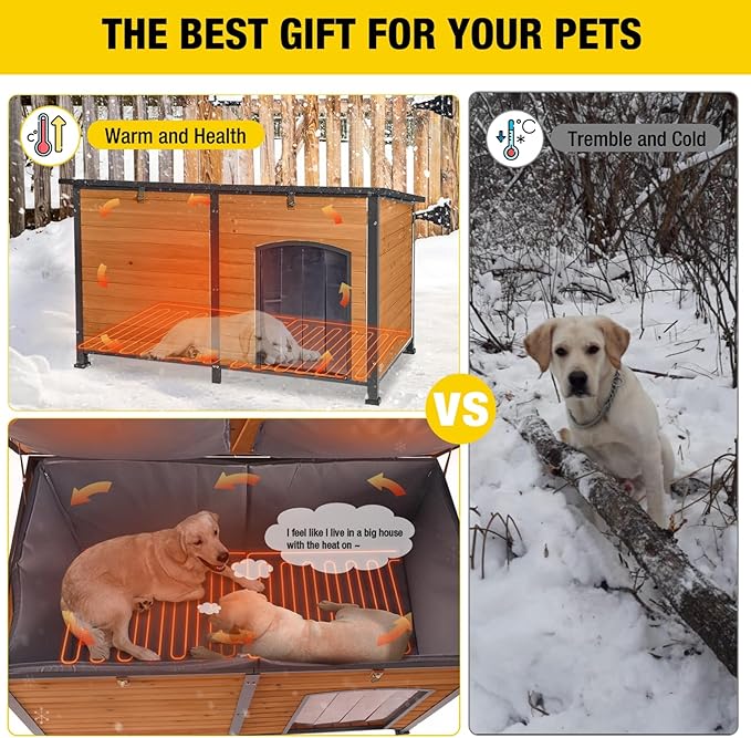 Aivituvin Extra Large Dog House Outdoor Heated Dog Kennel with Insulation Liner for Winter Strong Iron Frame Insulated Dog Cage with Heater,59"-PurrikoPets