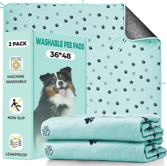 Fostanfly Washable Pee Pads for Dogs, 2 Pack Large 36"x48" Ultra-Absorbent and Leak-Proof Non-Slip Reusable Potty Training Pads for Dogs, Cats, Puppy, Potty of Add 8 Lanyards, Green-PurrikoPets
