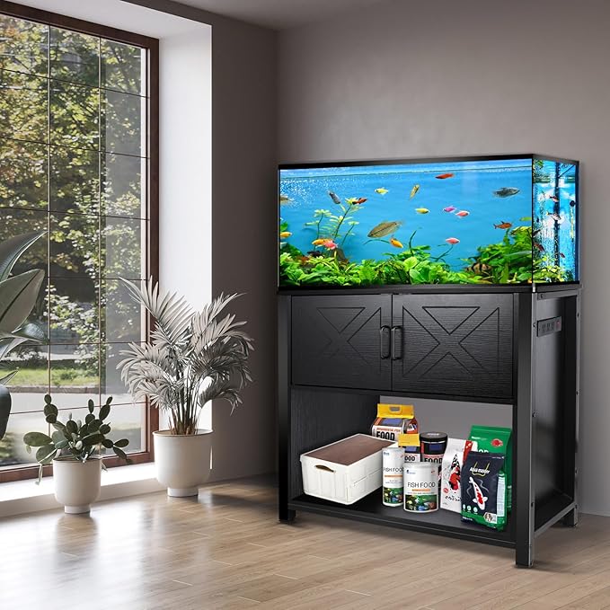 40 Gallon Tank Stand with Cabinet and Power Outlets, Heavy Duty Metal Aquarium Stand for 40-50 Gallon Breeder Tank, Turtle Tank, Double Terrarium Stand, 660LBS Capacity, Black-PurrikoPets