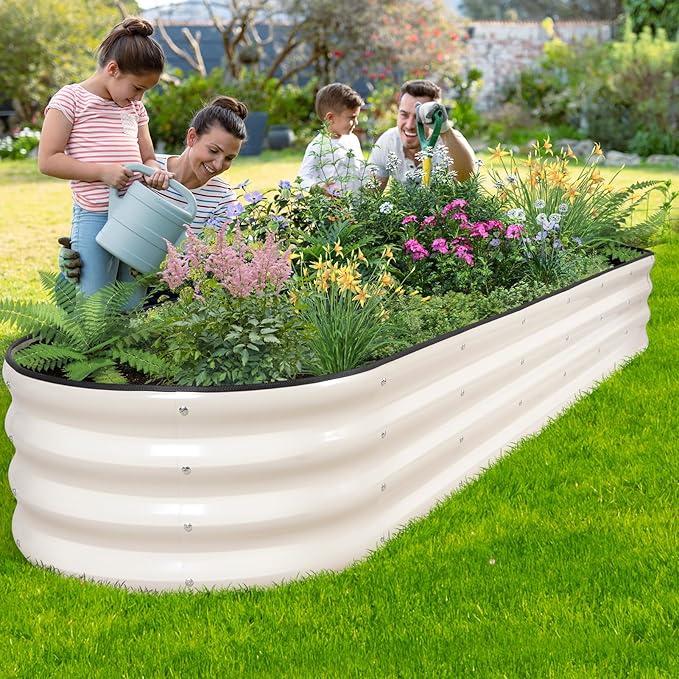 Galvanized Raised Garden Bed - 8×2×1ft Planter Raised Beds for Gardening | Oval Metal Garden Planter Box with Safety Edging and Bracing Rods for Vegetables Fruits and Flowers (White)-PurrikoPets
