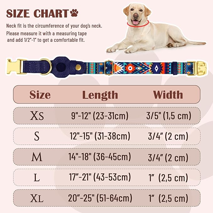 AirTag Dog Collar for Small Medium Large Breed - Adjustable Cute Pattern Dog Collar with Airtag Holder - Soft Leather Tracker GPS Apple Air Tag Pet Collars (X-Small, 9"-12" Neck Fit, Navajo)-PurrikoPets