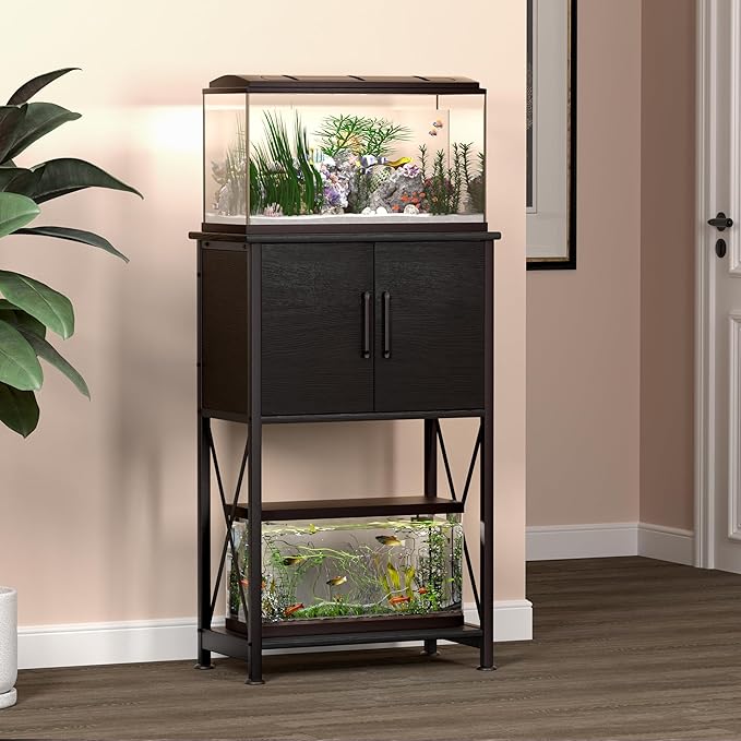 5-10 Gallon Fish Tank Stand, Metal Double Aquarium Stand with Cabinet for Fish Tank Accessories Storage, Heavy Duty 20.5" L* 11.02" W Tabletop, 500LBS Capacity Black PG06YGB-PurrikoPets