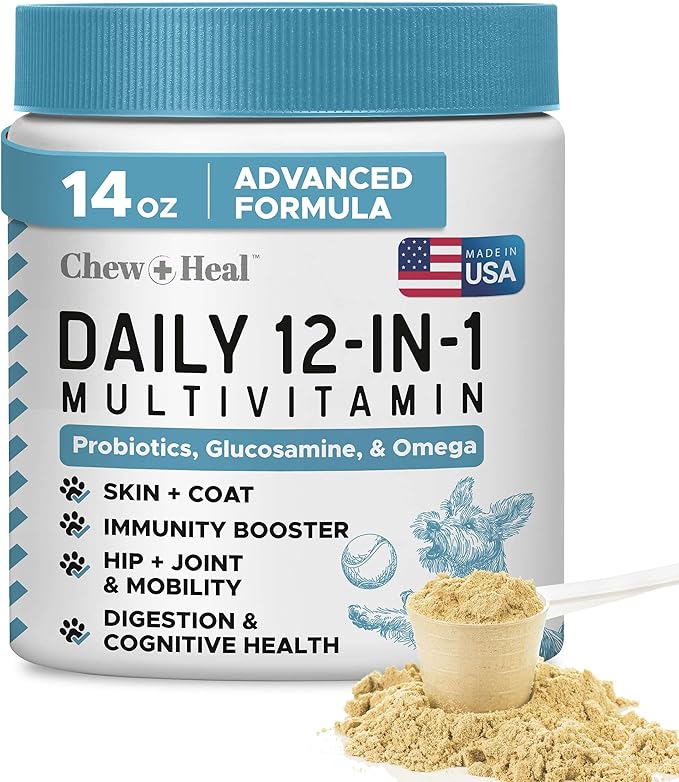 12-in-1 Multivitamin Powder for Dogs - 14 oz of Puppy and Senior Dog Vitamins and Supplements - Advanced Formula with Glucosamine, Omega 3,6,9, Vitamins, Probiotics, and More - Made in The USA-PurrikoPets