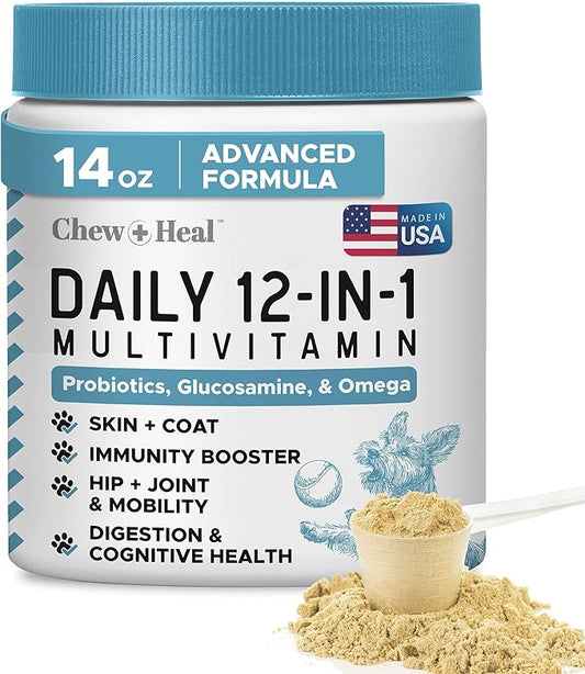 12-in-1 Multivitamin Powder for Dogs - 14 oz of Puppy and Senior Dog Vitamins and Supplements - Advanced Formula with Glucosamine, Omega 3,6,9, Vitamins, Probiotics, and More - Made in The USA-PurrikoPets