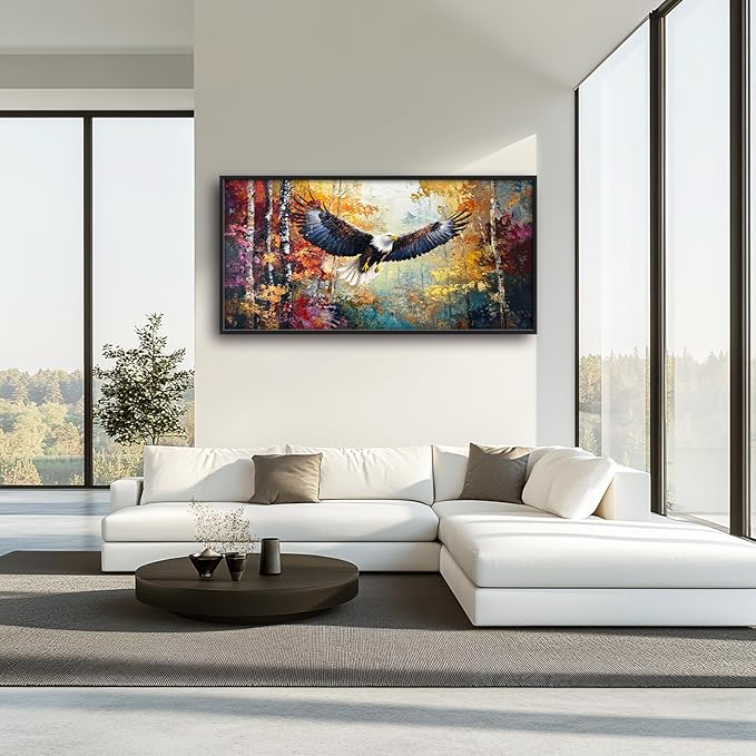 Extra Large Framed Bald Eagle Wall Art,Abstract Colorful Forest Wall Decor,Autumn Fall Forest Pictures for Living Room,Canvas Print Painting Modern Artwork Bedroom Office Home Decor 60L x 30W-PurrikoPets
