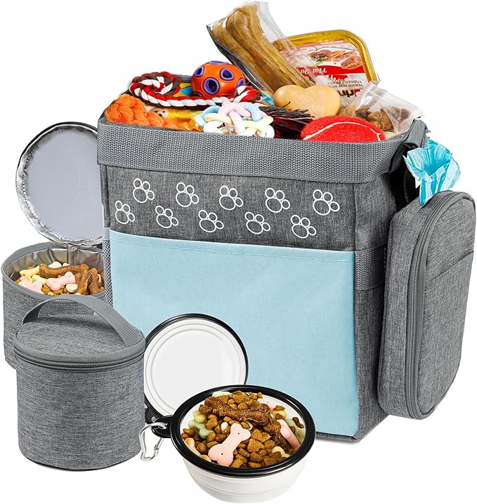 Dog Travel Bag with Treat Pouch, Airline Approved Dog Bags for Traveling, 2 Dog Food Travel Container, 2 Travel Bowls, Weekend Dog Travel Bag for Supplies, Dog Travel Kit Accessories-PurrikoPets