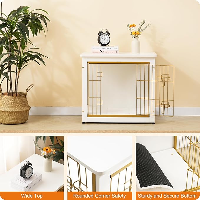 DWANTON Dog Crate Furniture with Cushion, Wooden Kennel Table with Double Doors, Indoor Dog House, Small/Medium/Large Size, 27.2" L, White-PurrikoPets