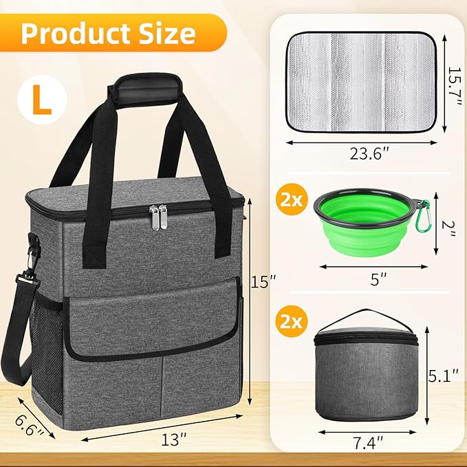 Dog Travel Bag for Camping - Weekend Pet Accessories With 2 Collapsible Bowls, 2 Food Containers, 1 Waterproof Feeding Mat - M, Grey-PurrikoPets