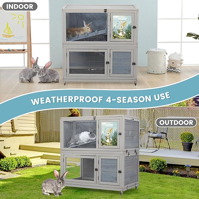 2-Story Wooden Rabbit Hutch for Outdoor & Indoor, Bunny Cage Rabbit House with Wheels, Trays, Ramp, Pet Home for Guinea Pigs, Chickens, Chicken Coop, Gray with Colorful Patterns-PurrikoPets