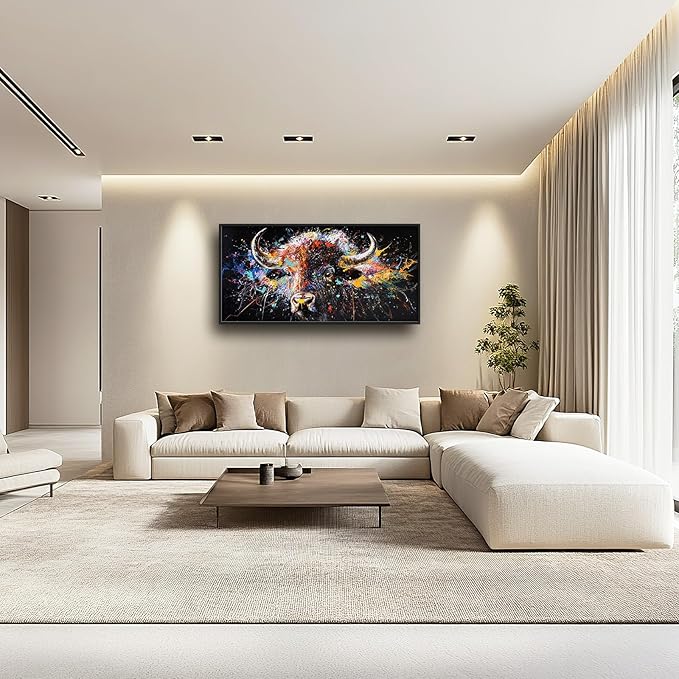 Framed Large Bison Buffalo Wall Art for Living Room, Oversized Graffiti Yak Cow Wall Decor Banksy Bull Canvas Painting Animal Pictures Modern Artwork for Living Room Bedroom Office 60"x30"-PurrikoPets