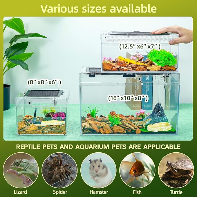 12.5''×6''×7'' Reptile Tank Kit with Heat Lamp, Spray Bottle, Shovel, Tweezers, Food Bowl, Hideout -Perfect for Geckos, Snakes, Lizards, Turtles, Jumping Spider,Milk Frog,Hermit Crabs-PurrikoPets