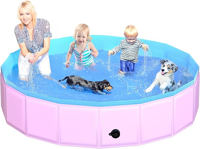 2025 Updated Foldable Dog Pool, 87" x 12" Kiddie Pool with Hard Plastic, Non-Slip Dog Bath Tub for Outdoor Backyard, Collapsible Dog Swimming Pool for Kids Dogs Pets (Pink)-PurrikoPets