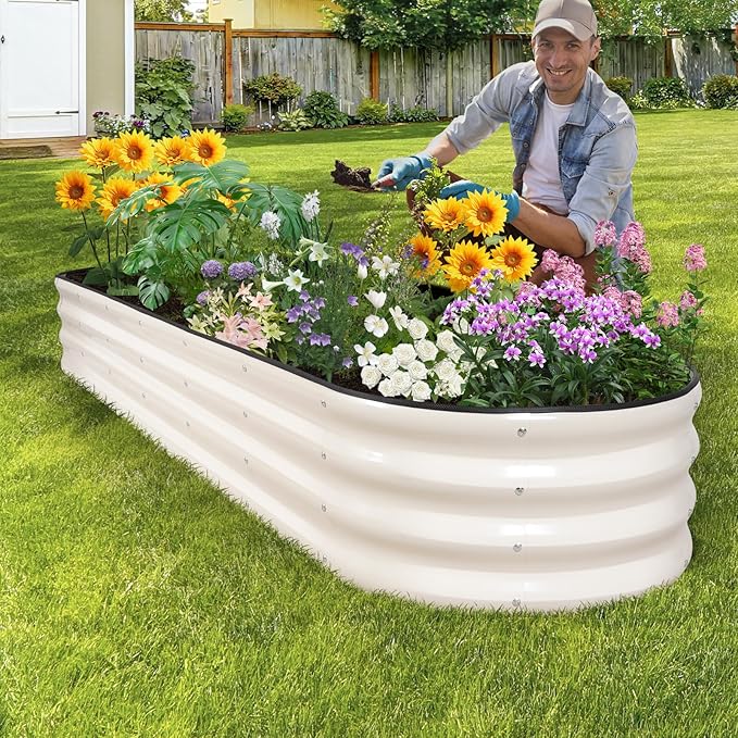 Galvanized Raised Garden Bed - 8×2×1ft Planter Raised Beds for Gardening | Oval Metal Garden Planter Box with Safety Edging and Bracing Rods for Vegetables Fruits and Flowers (White)-PurrikoPets