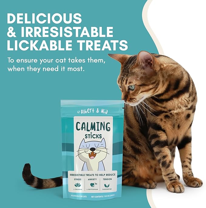 ALBERT & MIA Calming Sticks Lickable Calming Cat Treats for Stress and Anxiety Relief for Cats, Irresistible - Vet Recommended (Sleeping Aid, Vet Visits, Grooming, Car Rides, Plane) 20 Pack-PurrikoPets