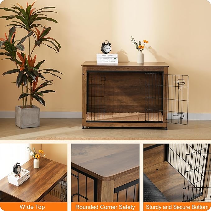 DWANTON Dog Crate Furniture with Cushion, Wooden Kennel Table with Double Doors, Indoor Dog House, Large Size, 38.5" L, Warm Brown-PurrikoPets