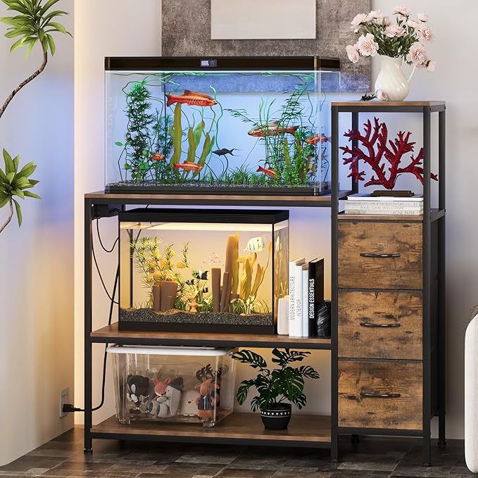 20 Gallon Aquarium Stand with Power Outlets Fish Tank Stand with 3 Drawers Metal Frame Heavy Duty Reptile Tank Stand with 3-Tier Storage Shelves,Left/Right Assembly, Adjustment Height-PurrikoPets