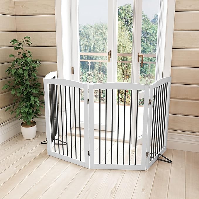 Freestanding Pet Gate - Foldable Wooden Dog Gate, 80 Inch Wide, 4 Panels, White-PurrikoPets