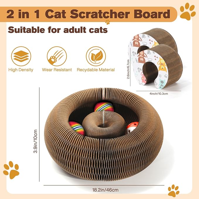2 PCS Magic Organ Cat Scratcher Board with 6 Balls, Foldable Recyclable Accordion Cats Toy with Ball and Track Adventure, Cat Scratching Pad, Retractable Reversible Furniture Protector(Brown)-PurrikoPets