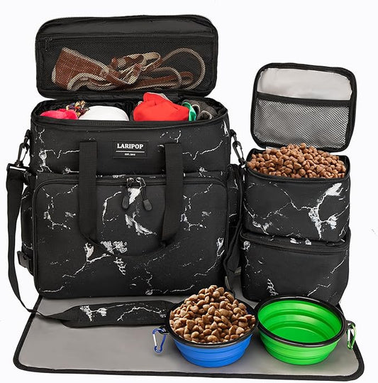 Dog Travel Bag,Weekend Pet Travel bag Set for Dog and Cat,Airline Approved Tote Multi-Function Dog Bags for Traveling,Include 2 Collapsible Bowls,2 Food Storage Containers,1 Feeding Mat,Marble-PurrikoPets