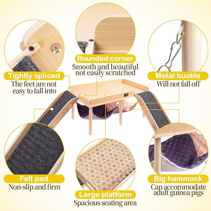 Enlarged Guinea Pig Hammock with Platform and Stairs,Wooden Foldable Piggies Hideout for Guinea Pigs Bunny Ferret Hamster Hiding Sleeping Activities 24L x 12W x 11H in（Double）-PurrikoPets