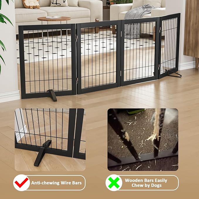 Dog Gate Wire Dog Gates for House Doorways Stairs 24-Inch Freestanding Pet Gate Puppy Fences Indoor (4 Panel, Black)-PurrikoPets