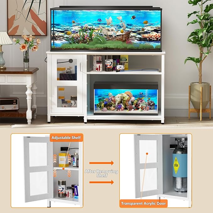 55-75 Gallon Fish Tank Stand with Cabinet, Aquarium Stand for Fish Tank Accessories Storage, Heavy Duty Metal Terrarium Stand, 52" L*19" W Tabletop, 1200LBS Capacity, White-PurrikoPets