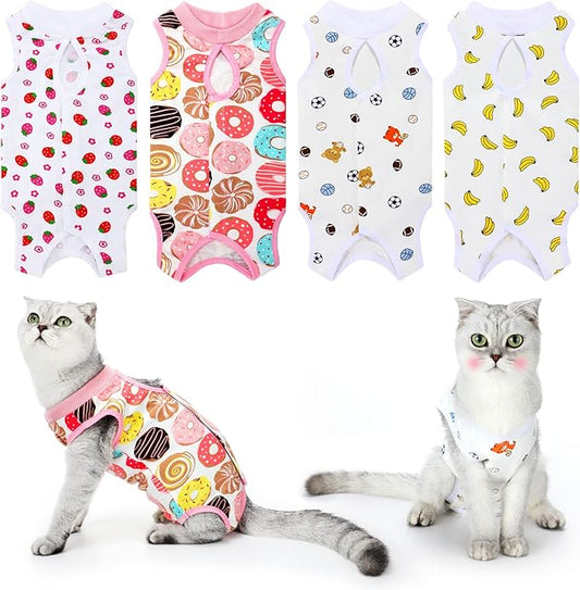 4 Pieces Cat Recovery Suits Body Wraps Breathable Kittens Recovery Clothes for Cats Small Dogs Abdominal Weaning(Banana, Football, Strawberry, Donut,S)-PurrikoPets