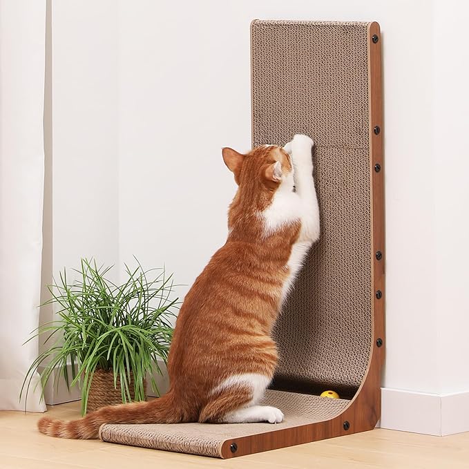 FUKUMARU Cat Scratcher, 26.8 Inch Cat Scratch Pad for Indoor Cats, L Shaped Cardboard Vertical Cats Scratching Board with Ball Toy, Walnut Color, 1 Pack-PurrikoPets