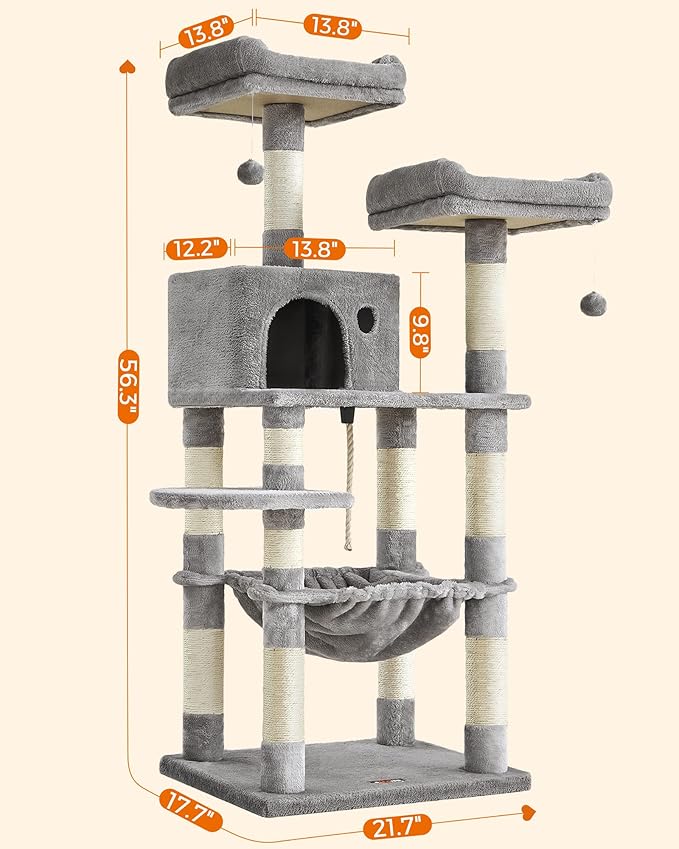 FEANDREA Cat Tree, Cat Tower for Indoor Cats, 56.3-Inch Cat Condo with Scratching Posts, Hammock, Plush Perch, Light Gray UPCT15W-PurrikoPets