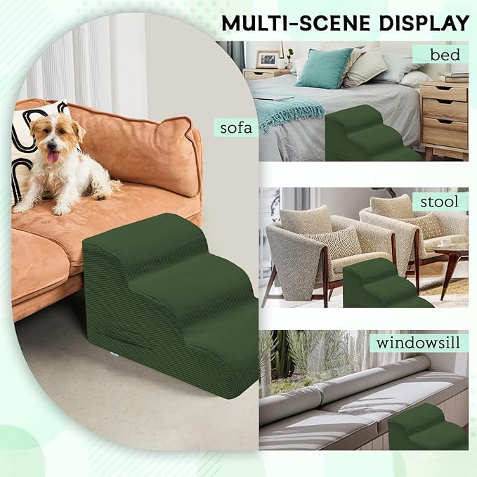 Dog Steps for Small Dogs, 4-Step Pet Ramp Stairs for High Beds and Sofa, Non-Slip Pet Stairs for Small Dogs and Cats, Removable and Easy to Clean Cover, Green-PurrikoPets