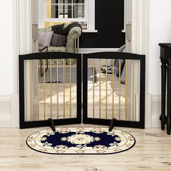 Freestanding Pet Gate for Dogs, Foldable Wooden Dog Gate for House, Stairs, Doorways, Step Over Pet Puppy Safety Fence,Support Feet Included,24" Height 2 Panels, Black&Gold-PurrikoPets