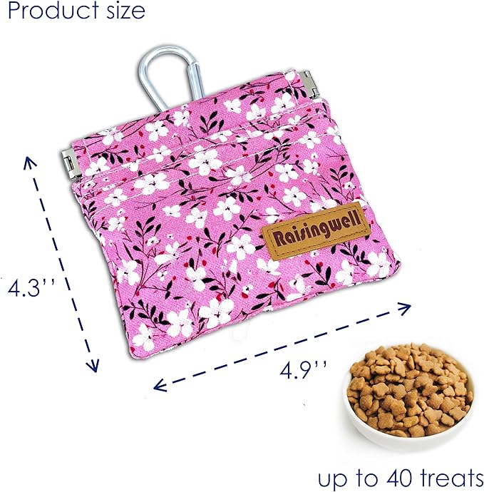 Dog Treat Pouch, Small Cotton Pocket Sized Training Holder, Hand Free Walking Fanny Bag with Carabiner, Self-Closing Pet Feed Snack Reward, Behavior Aids for Puppy Travel or Outdoor Use-PurrikoPets