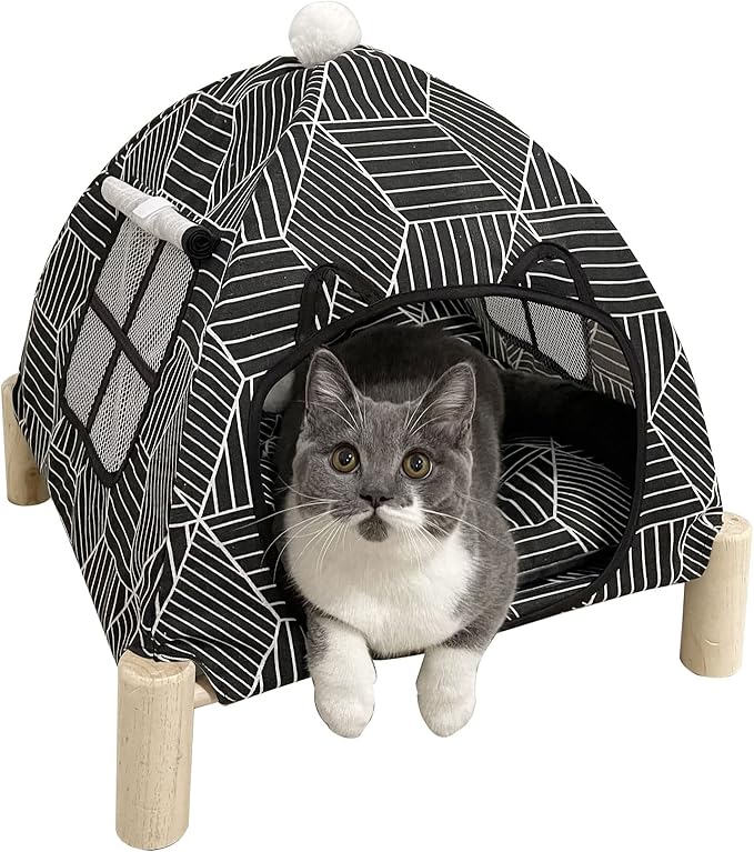 2-in-1 Elevated Cat Tent Cat House, Quick Assembly and Disassembly, Portable Indoor/Outdoor Cute Cat Bed Cave-Black Diamond Pattern-PurrikoPets