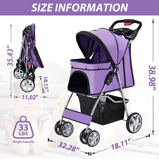 4 Wheels Pet Stroller for Small Medium Dogs Cats 10-33 lbs, Foldable Dog and Cat Stroller with Cup Holder & Storage Basket & Breathable Mesh, Pet Strolling Cart for All-Season, Purple-PurrikoPets