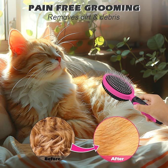 2PCS Pet Grooming Tools - Double-Sided Brush for Shedding and Bathing, Suitable for Short/Long Haired Dogs Cats and Horses, Deshedding Dog Brush, Mane & Tail Combs for Horses - Pet Supplies (Pink)-PurrikoPets